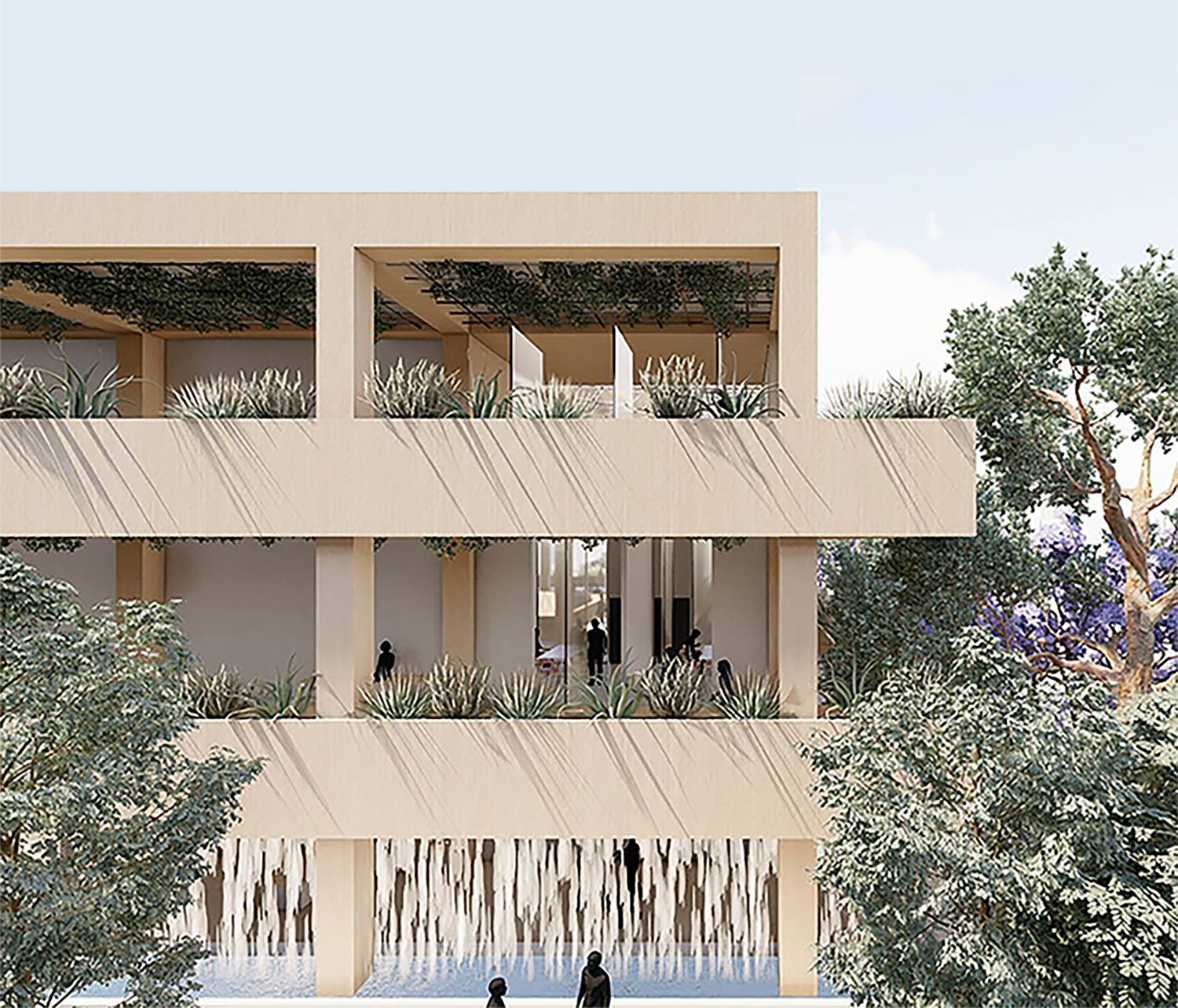 External image of the Hall of Democracy - image taken from standing on William Street. Cross Laminated Timber building surface paired with greenery and waterfalls. 