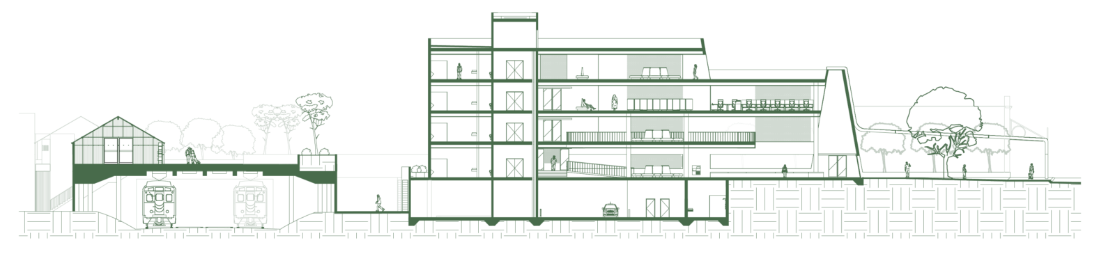 Cross-section showing the proposed building, and its relationship to the existing surrounds and streets.