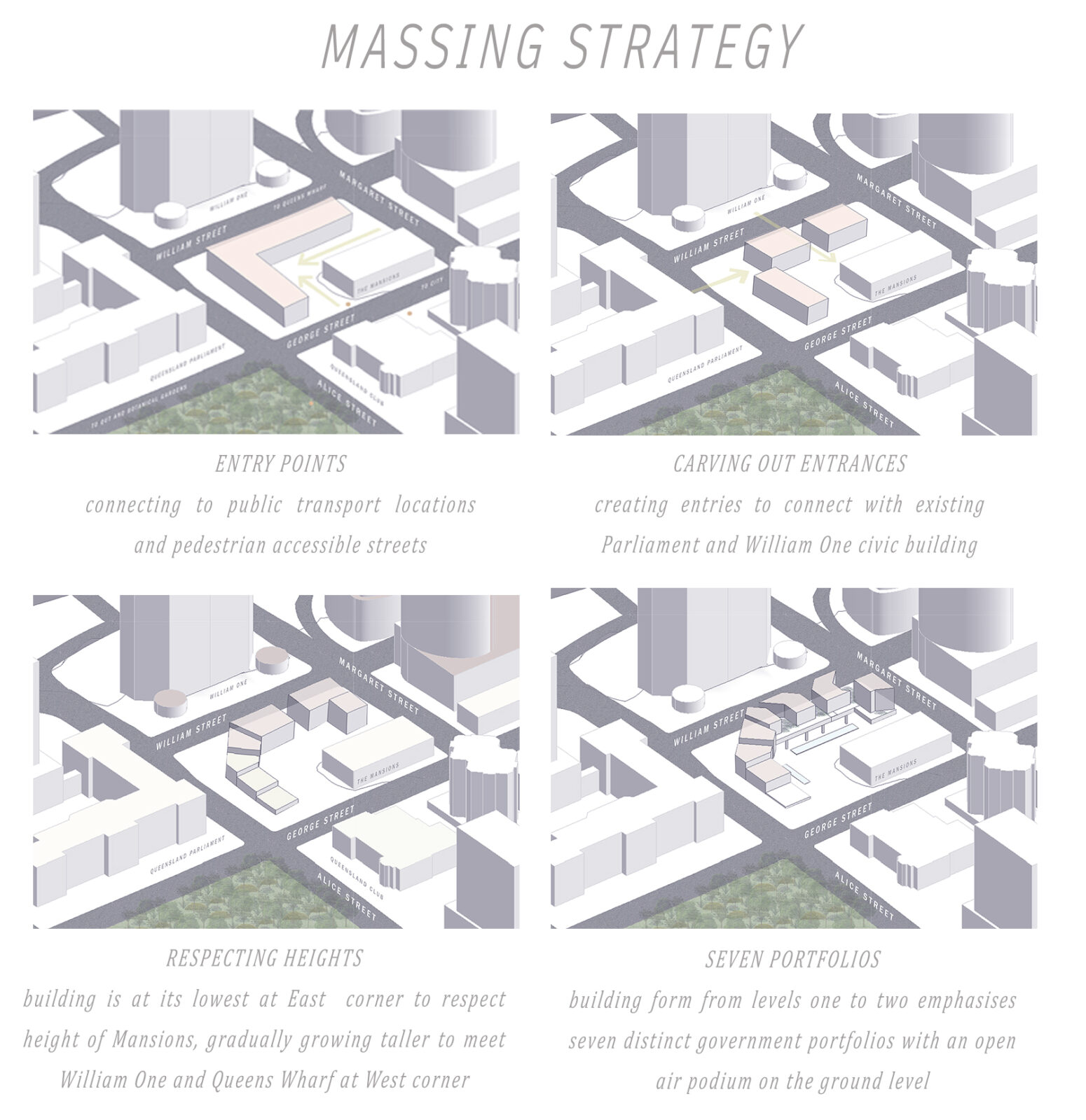 Design Process diagrams, showing building massing and strategies. 
Diagrams by Andrea Indrananda.