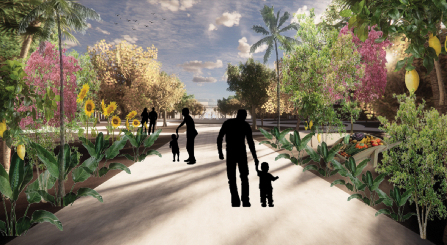 image of the entrance to the main shared facility, showing path, trees, plants and people walking.