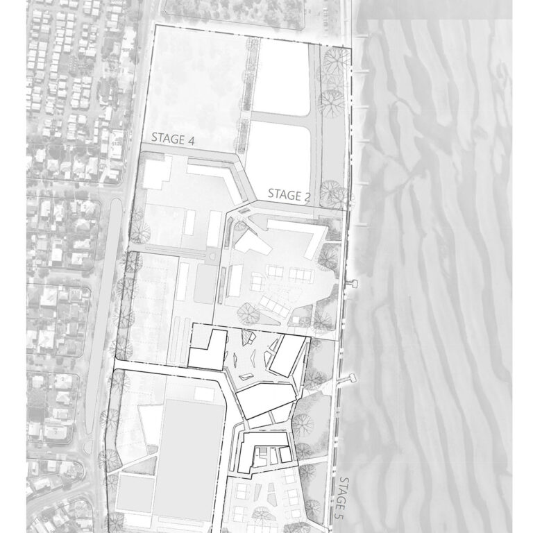 The design of the Sandgate Bayside Campus proposes a permeable program that works in a more free-flow style, honing in on the individual interests of the users within the community - more receptivity is likely to be given when interests are pursued. The proposed Stage 1 aims to form the core of the campus - a baseline to be set for the growth and development of this new model. 